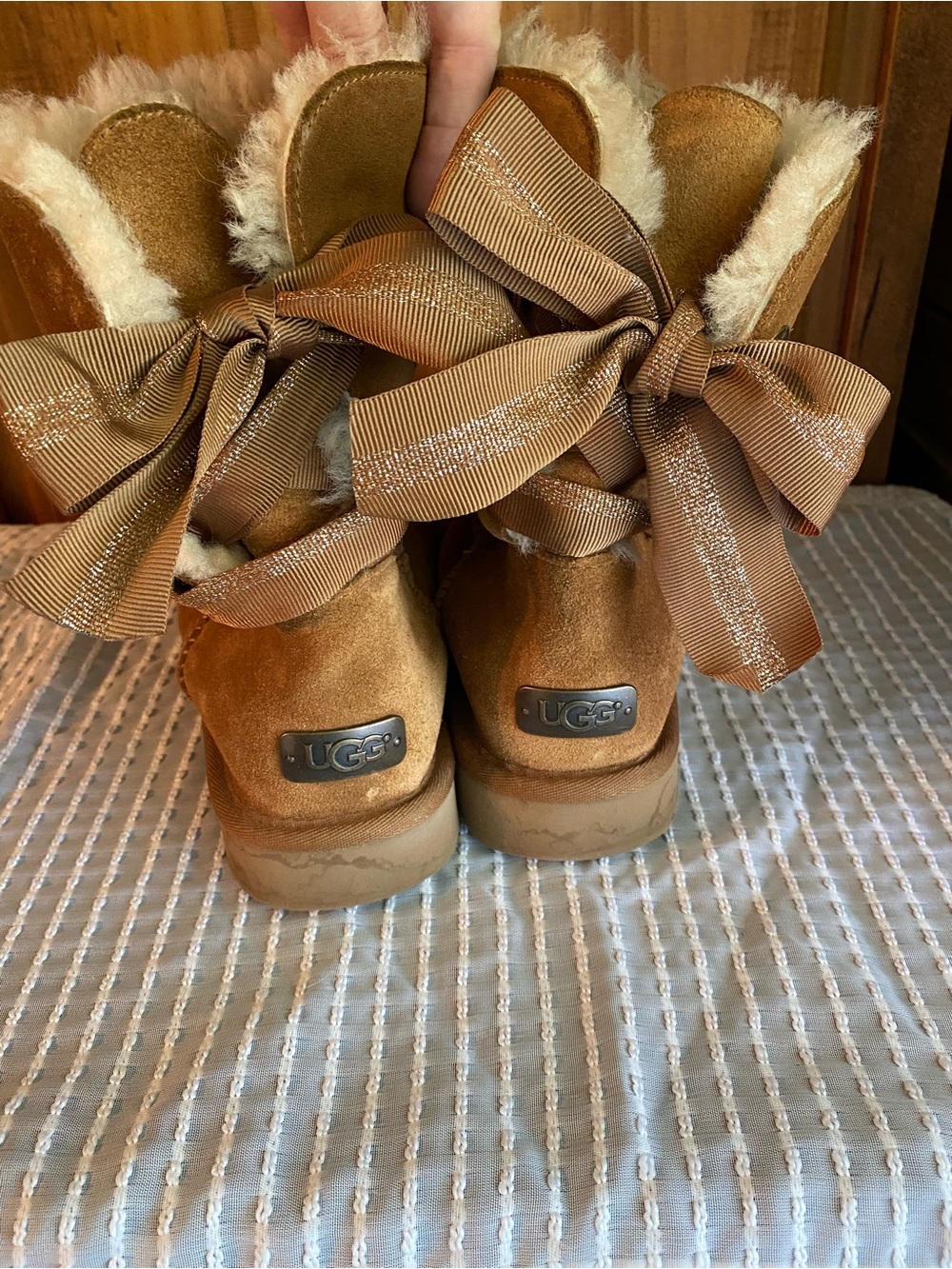 UGG Chestnut Suede Bow-Back Boots with Shearling Trim